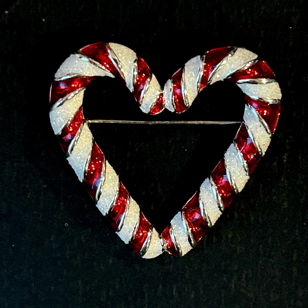 Vintage Christmas Candy Cane Heart Brooch Holiday Pin